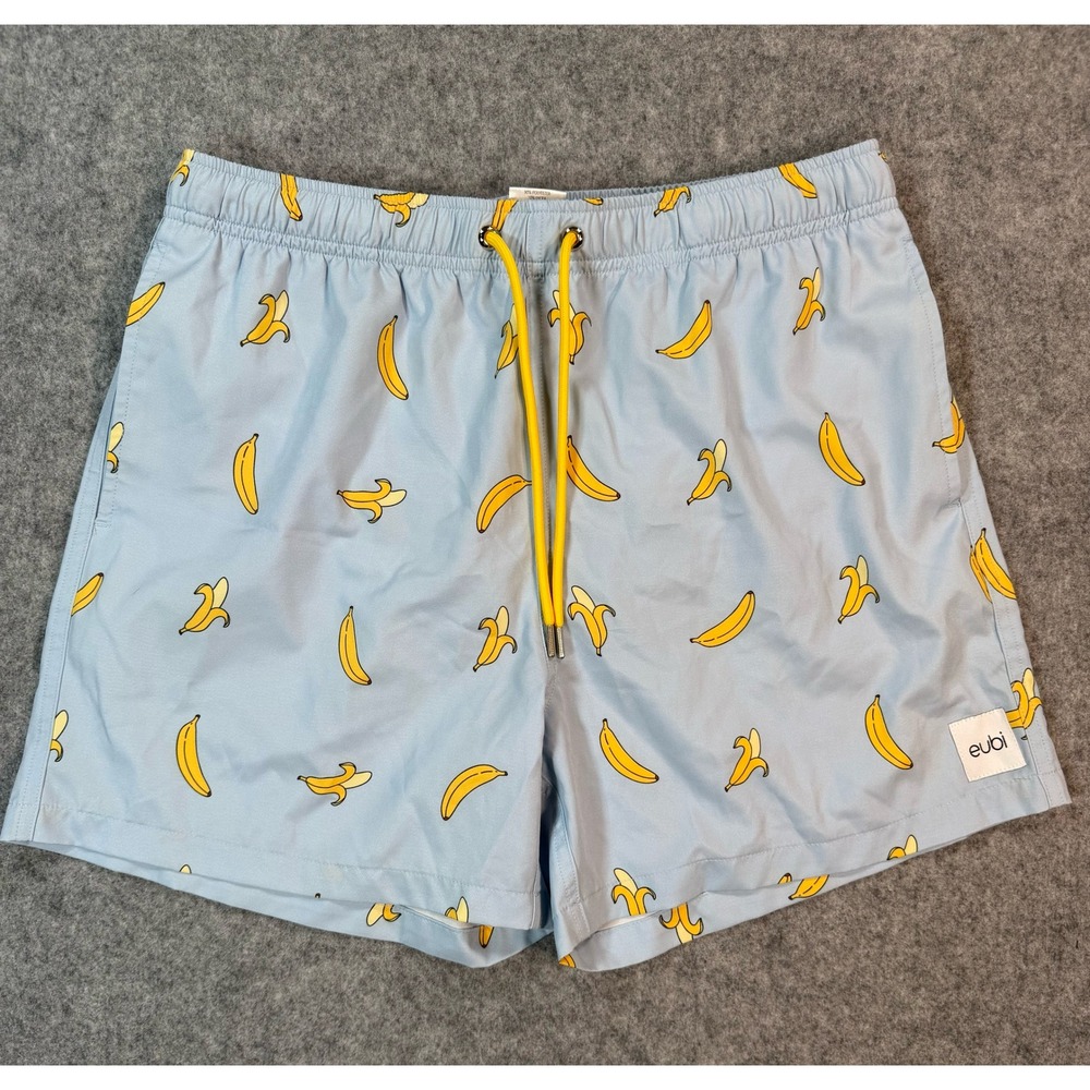 Eubi Mens Banana Print Swim Shorts Light Blue Yellow Drawstring Size‎ M